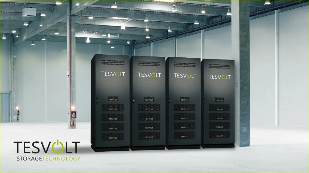four black Tesvolt Lithium-ion batteries